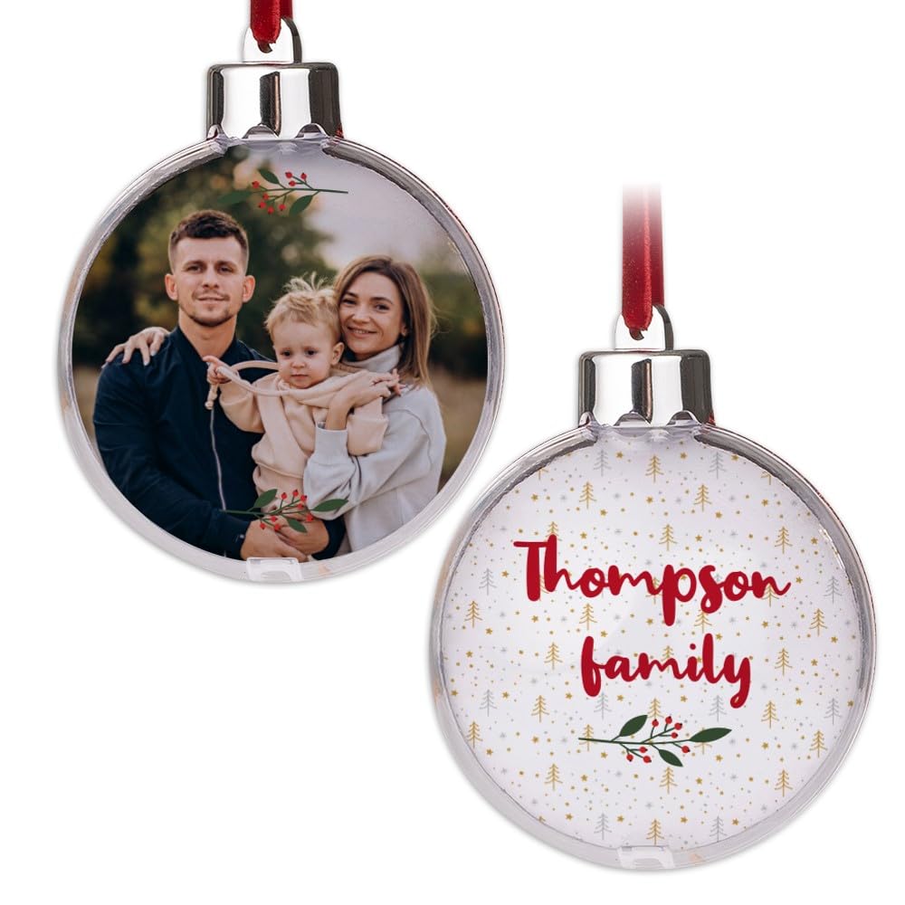 Bola de Navidad Personalizada con Foto y Texto | 2 Caras | Imagen Intercambiable | Bola Árbol de Navidad | Decoración Navideña | 8 cm | Rama Navidad