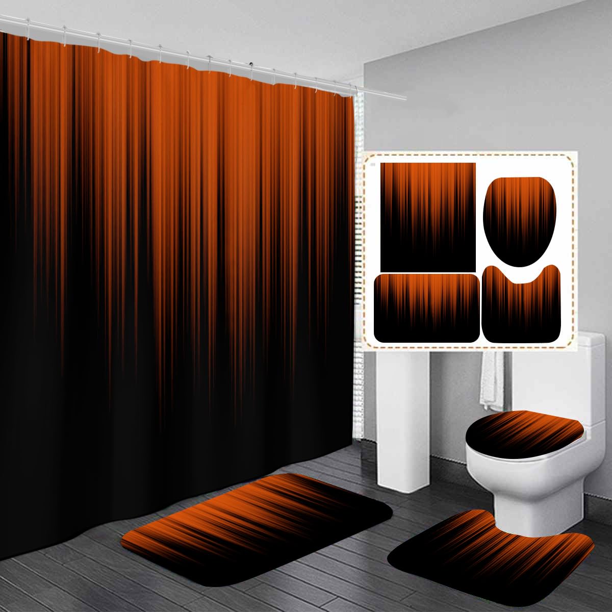 AAtter 4 Piece Burnt Orange Shower Curtain Black Ombre Terracotta Amber Abstract Mens Boys 60Wx72L Decor with Non-Slip Rugs, Toilet Lid Cover and Bath