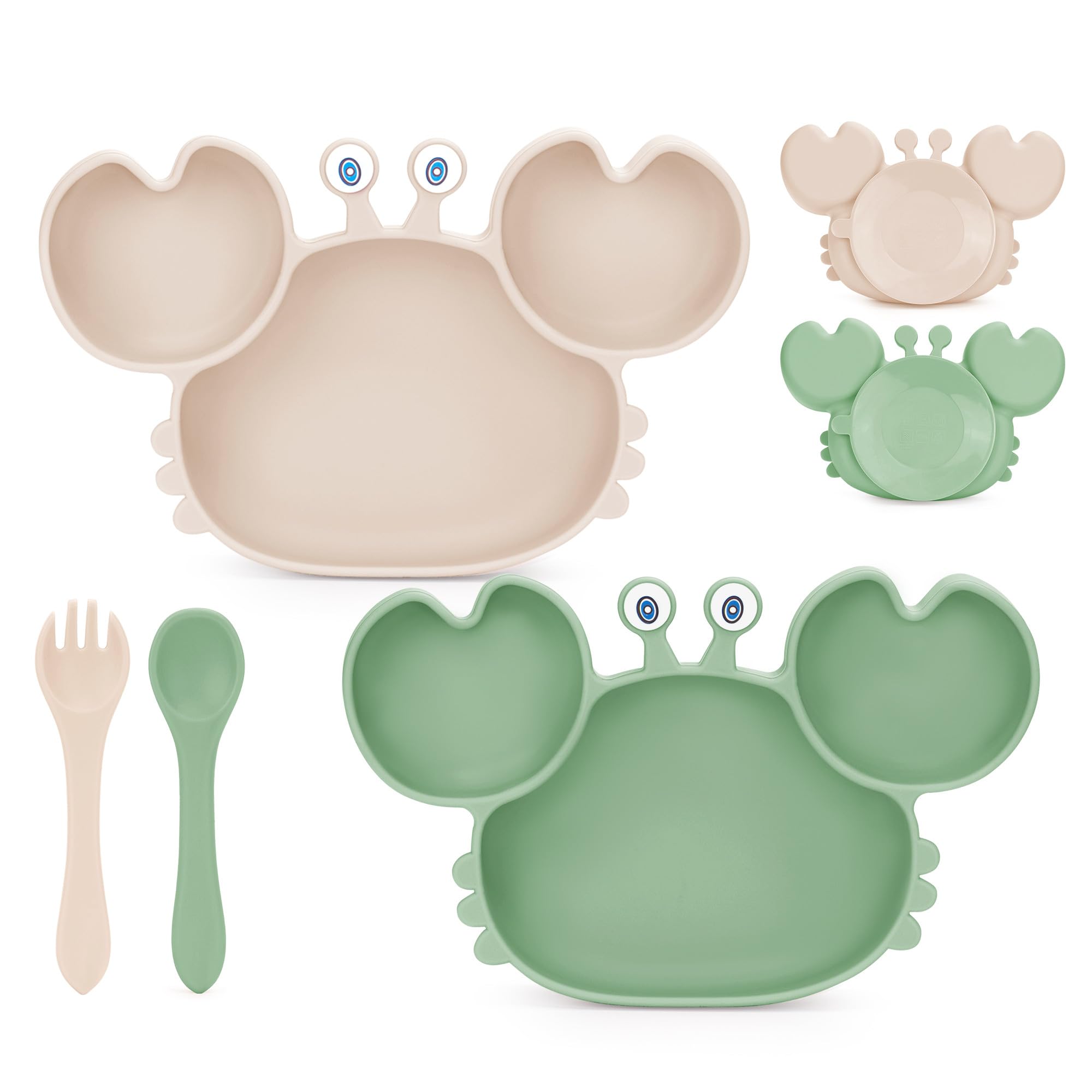 MOJINL Silikon Baby Teller mit Saugnapf und Deckel, Rutschfest Kinderteller mit Unterteilung, BPA Frei Baby Teller Bär, Spülmaschinenfest Babygeschirr mit Silikon Löffel Gabel (Beige, Grün)