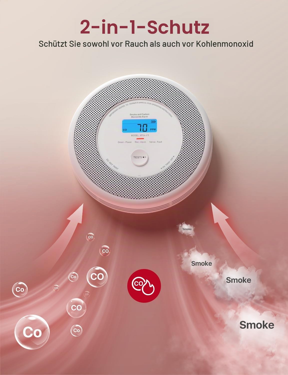 X-Sense Wi-Fi-Kombinations-Rauch- und Kohlenmonoxid-Alarm für Zuhause mit englischen Sprachalarmen, kabelloser vernetzter Sprachalarm, benötigt SBS50-Basisstation, XP0A-MR, 1er-Pack