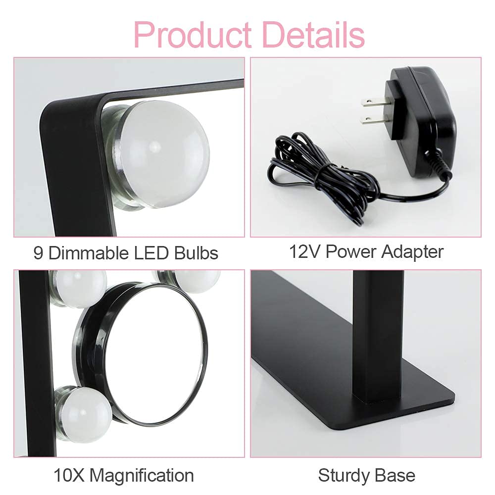 Hollywood - Espejo de maquillaje iluminado con luces, espejo iluminado Depuley con 9 bombillas LED de atenuación, control táctil inteligente, 3 modos de iluminación de color, aumento desmontable de 10