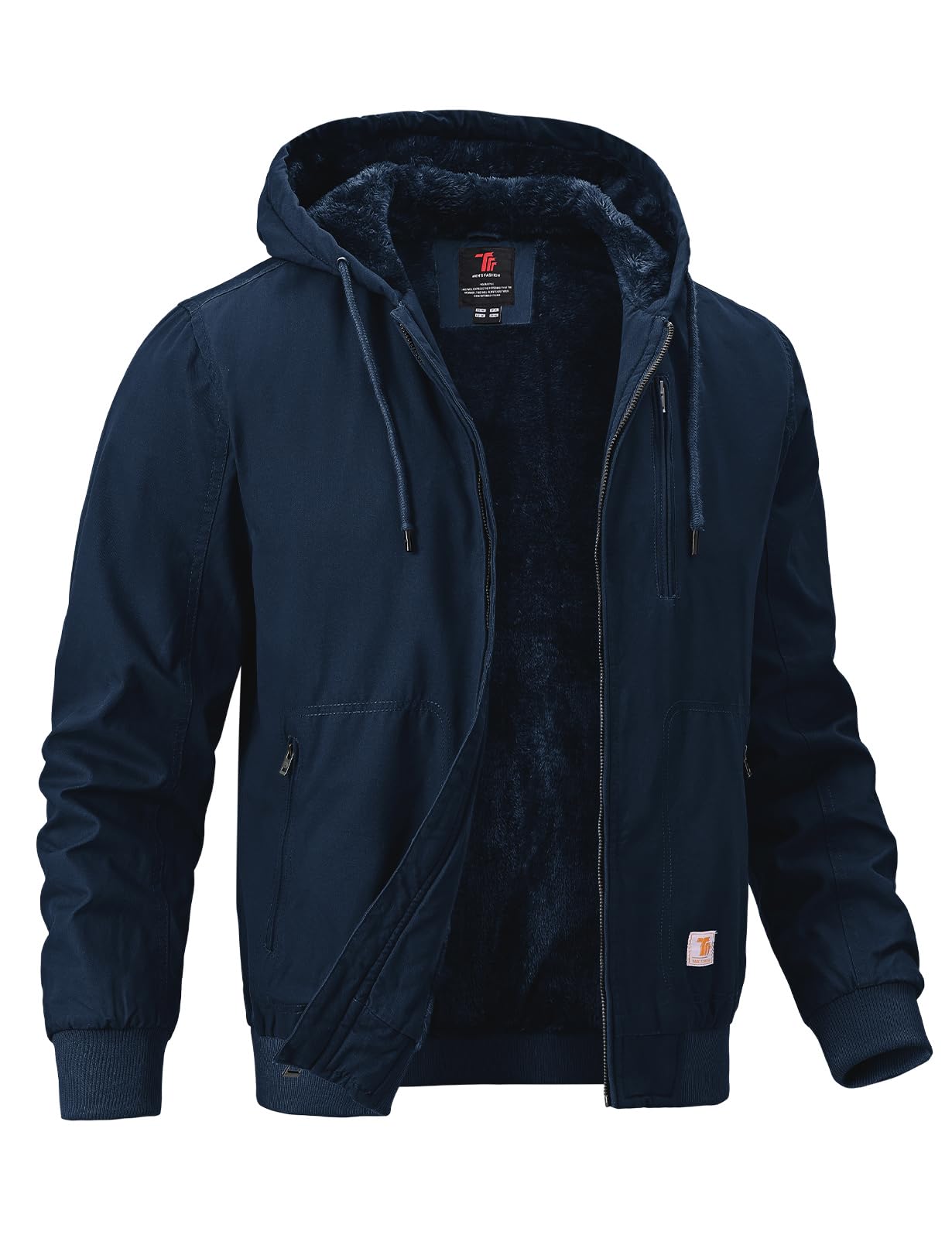BGOWATU Men's Cotton Work Jacket Insulated Flannel Lined Active Winter Coat | Warm Fleece Lined 100% Cotton, Utility Pockets, Full Zip Hooded, Hiking Cycling Work Jackets for Men