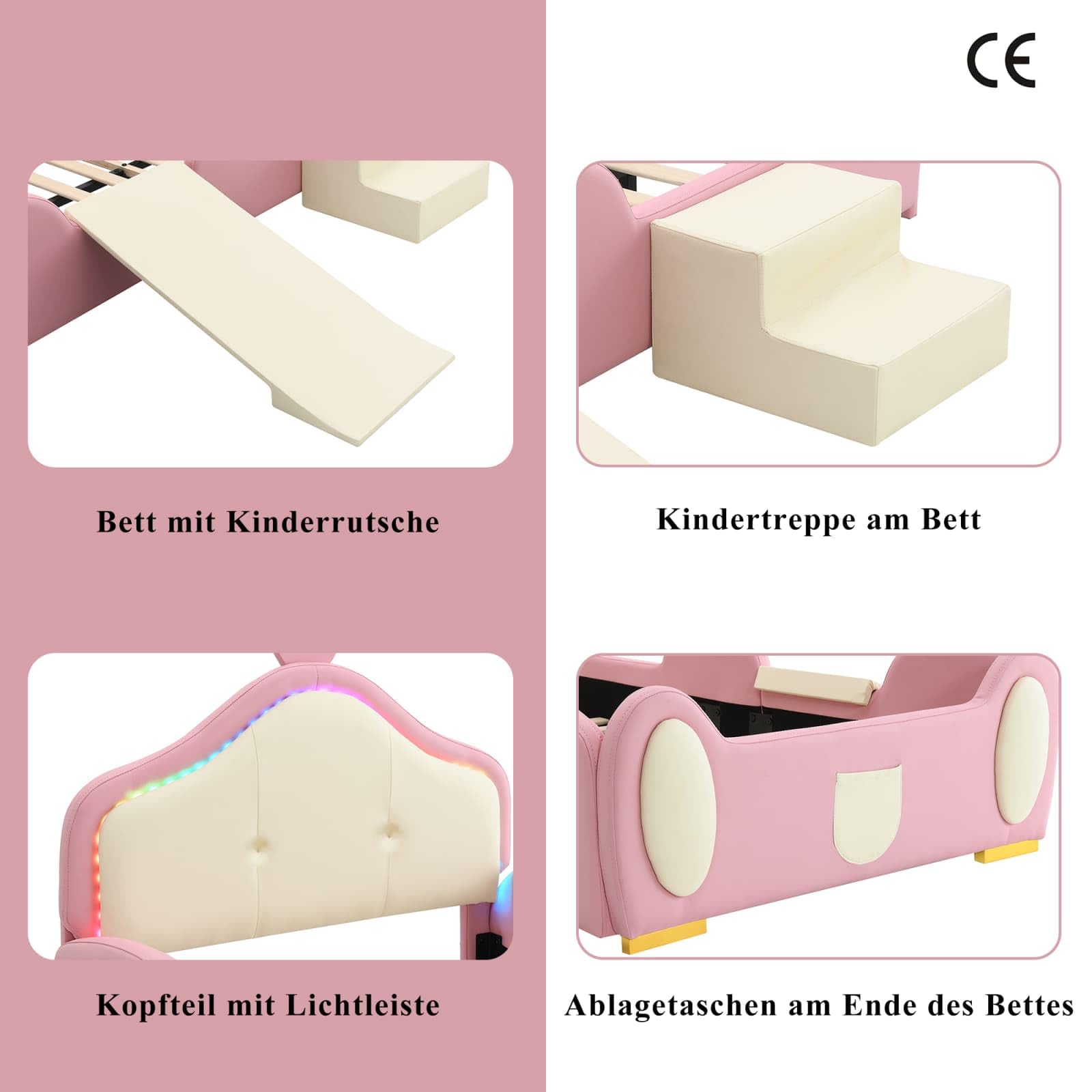 KOMHTOM Lit Enfant en Bois 90x200 cm - Lit LED Plateforme Simple avec Barrière de Sécurité et Toboggan - Escalier - Sommier à Lattes - Design Unique - PU - sans Matela (Rose-B)
