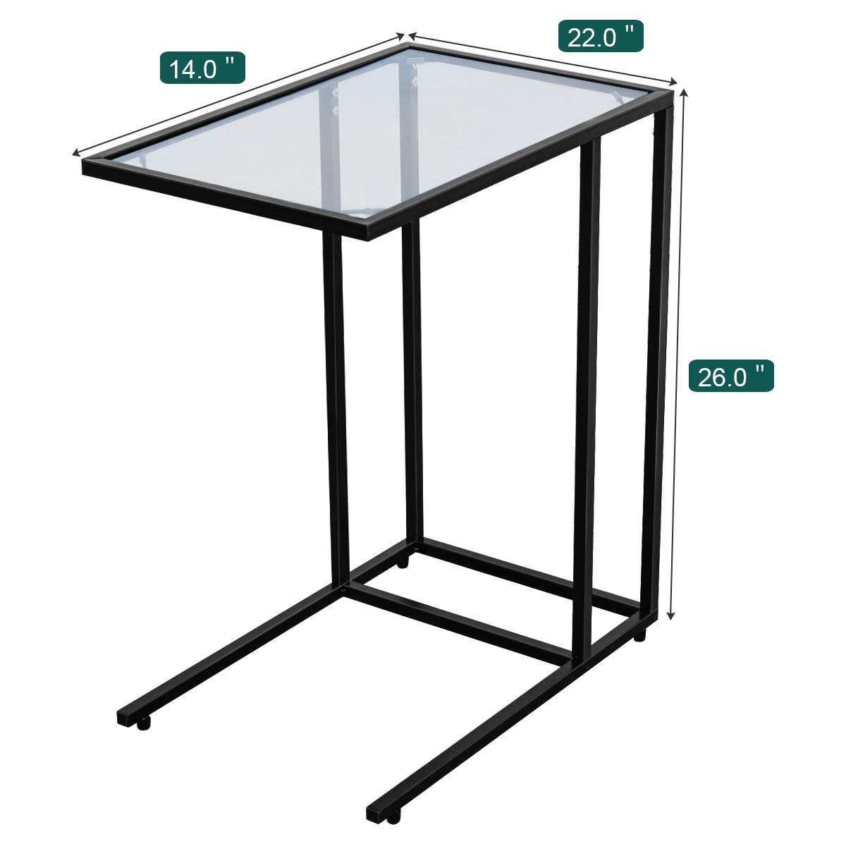 TANGKULA Sofa Side End Table, C Shaped Table Snack Table with Glass Top & Steel Frame, Portable