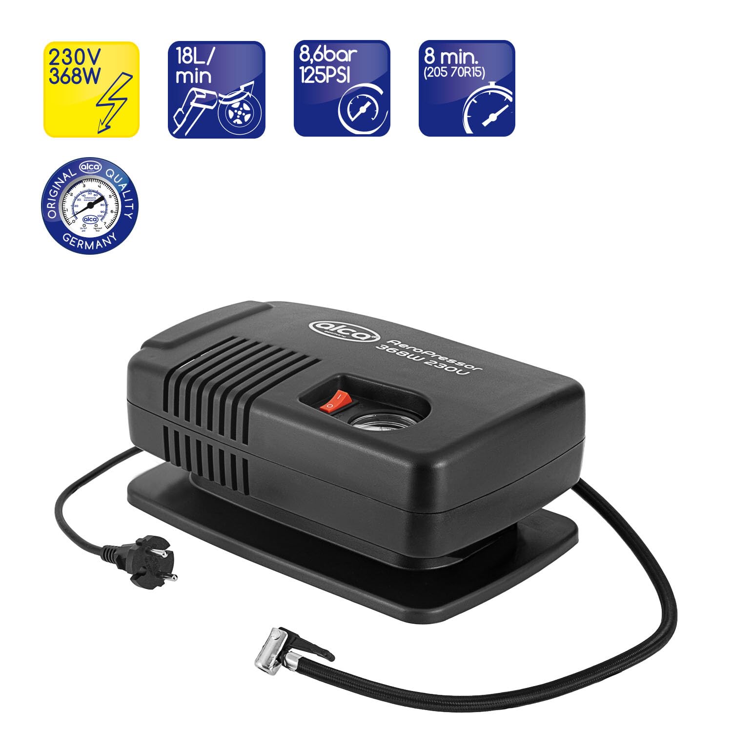 alca® Kompresor samochodowy i rowerowy – elektryczna pompka powietrza, kompresor 230 V, 8,8 bar, gniazdko