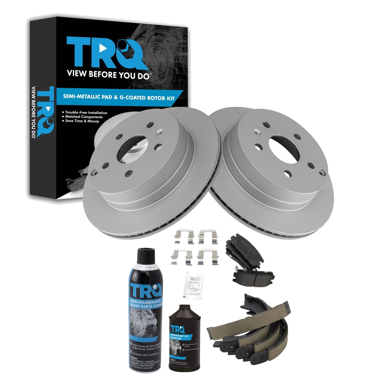 TRQ Rear Brake Pad &amp; Rotor Kit, with Chemical Kit Parking Brake Shoe Set Semi-Metallic Compatible with 2010-2017 Chevrolet Equinox GMC Terrain