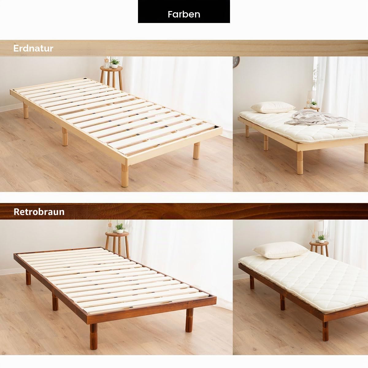 EMOOR Holzlatten-Bettgestell Fuji 98 x 200 cm für japanische Futon-Matratze (Natur-Braun), Höhenverstellbar (6/18/30 cm) Tatami-Matte