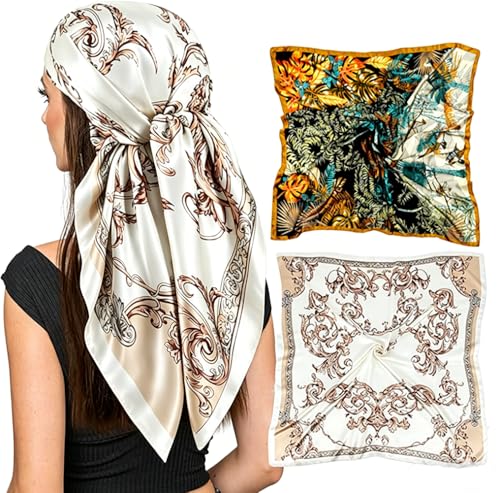 Image of SANNIDHI 2pcs Neck Head Scarf for Women Stylish Silk Hair Scarf Scarves with Vintage Prints for Sleeping, Hair Protection, and Multipurpose Styling (27.6x27.6n)