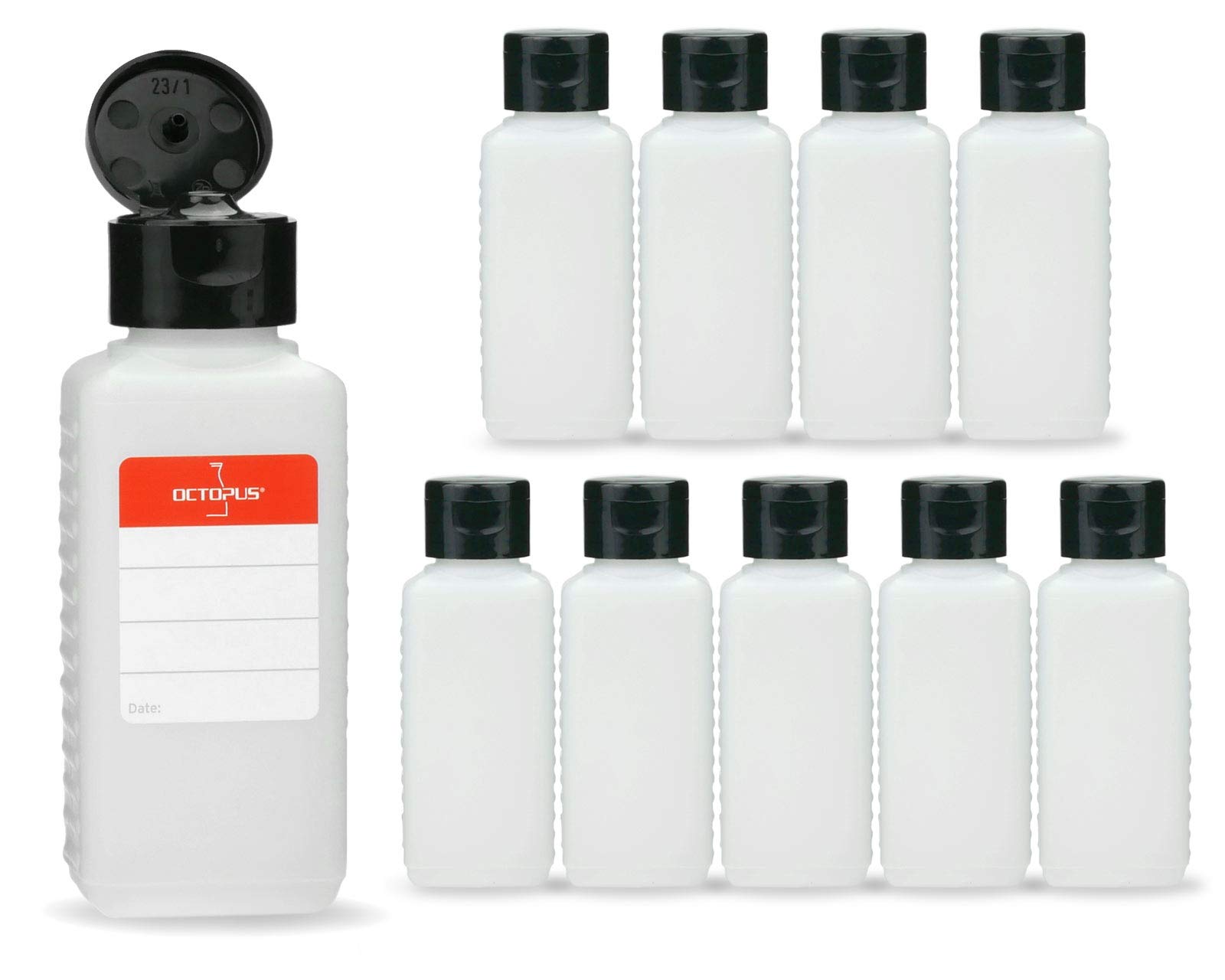 Octopus Schwarz / Black 10X 100 Ml Plastic Bottles, Hdpe Plastic Bottles With Flip-Top Cap, Empty Bottles With Hinged Cap, Square Bottles Incl. Labels