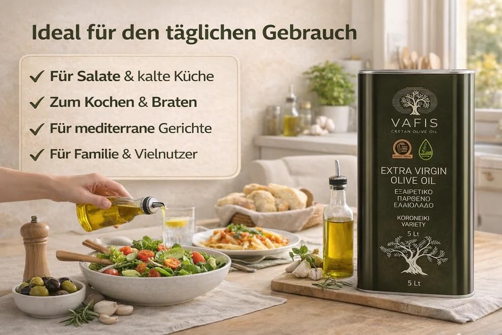 Vafis Kreta Olivenöl 5L Kanister – 100 % Koroneiki aus Griechenland – Frische Ernte Griechisches Öl, Orea Feinkost