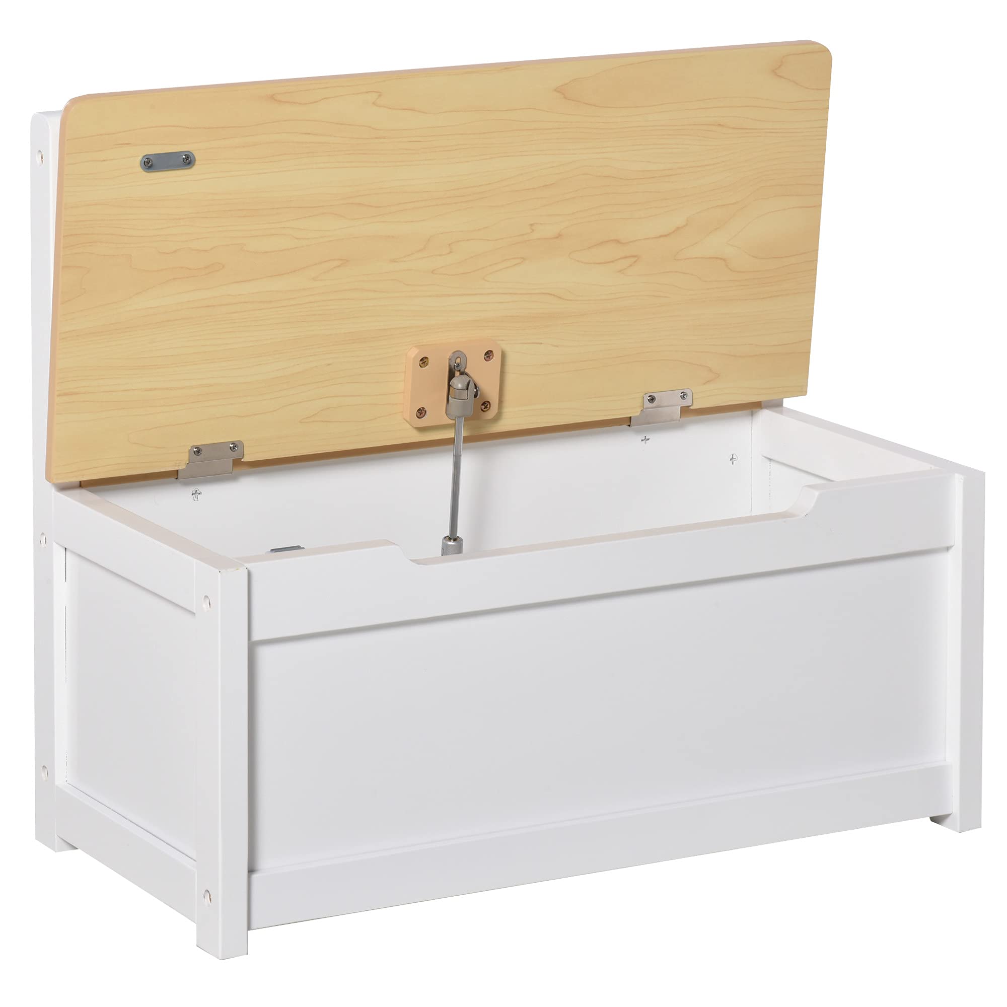 HOMCOM Cassapanca per Bambini 2 in 1 in Legno con Pistone per Chiusura Sicura, 60x30x50cm Bianco e Legno Naturale