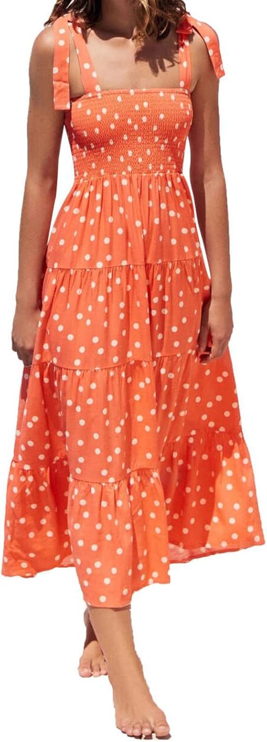 kinstell Women's Summer Boho Spaghetti Strap Square Neck Ruffle Casual Flowy Long Dress Beach Swing Party Maxi Dress - Image 2