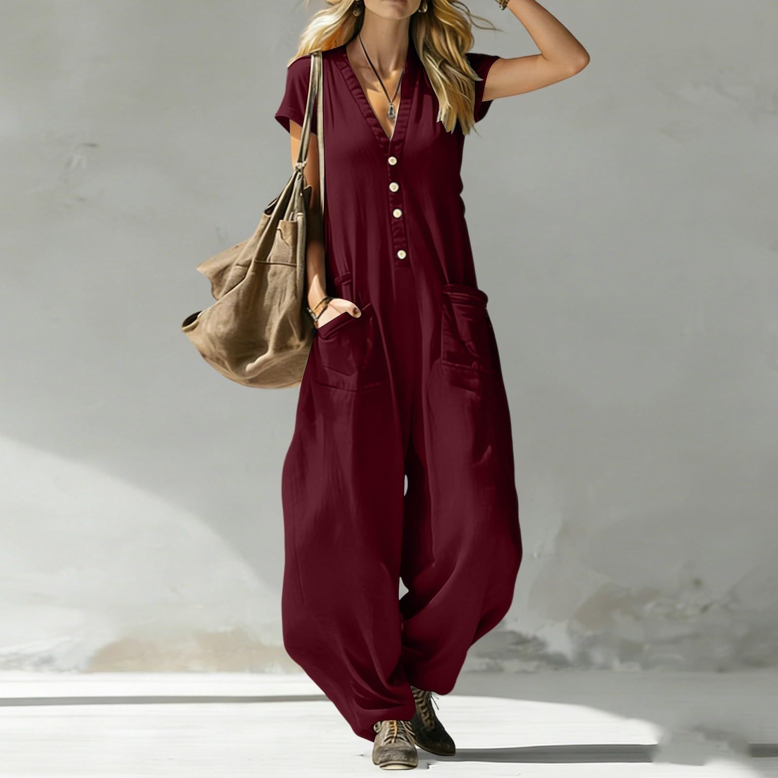 Generisch Mono para mujer de pierna ancha, sin mangas, cuello en V, una pieza, holgado, informal, suelto, con bolsillo, traje de lino de color liso
