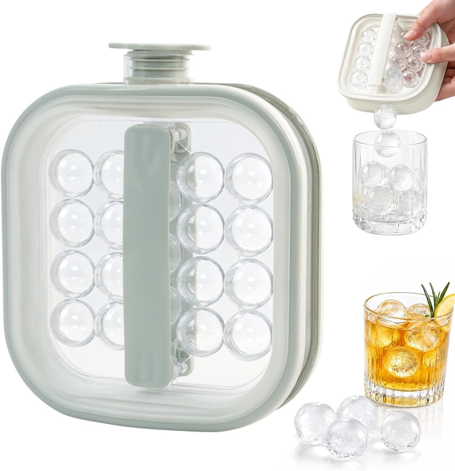 Portable Silicone Ice Ball Maker Kettle, 2-in-1 Silicone Ice Cube Tray Mold with Pull Handles, Ice Bottle for Whiskey, Cocktails, Travel, Camping & Home Bar, Grey