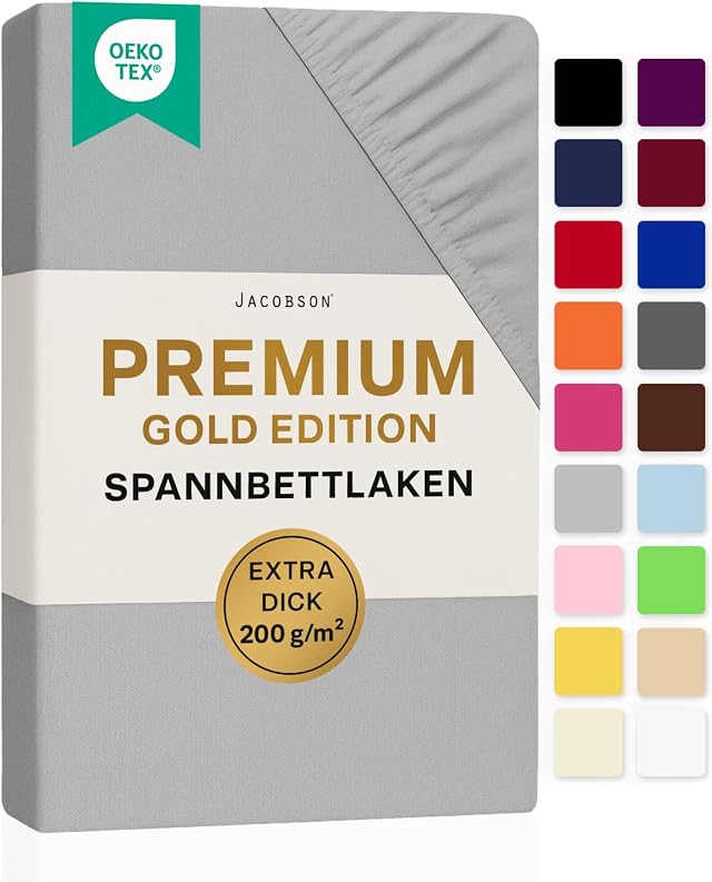 Jacobson Premium Topper Spannbettlaken 200 g/m² Jersey Baumwolle mit Elasthan (Topper 180x200-200x200 cm, Grau)