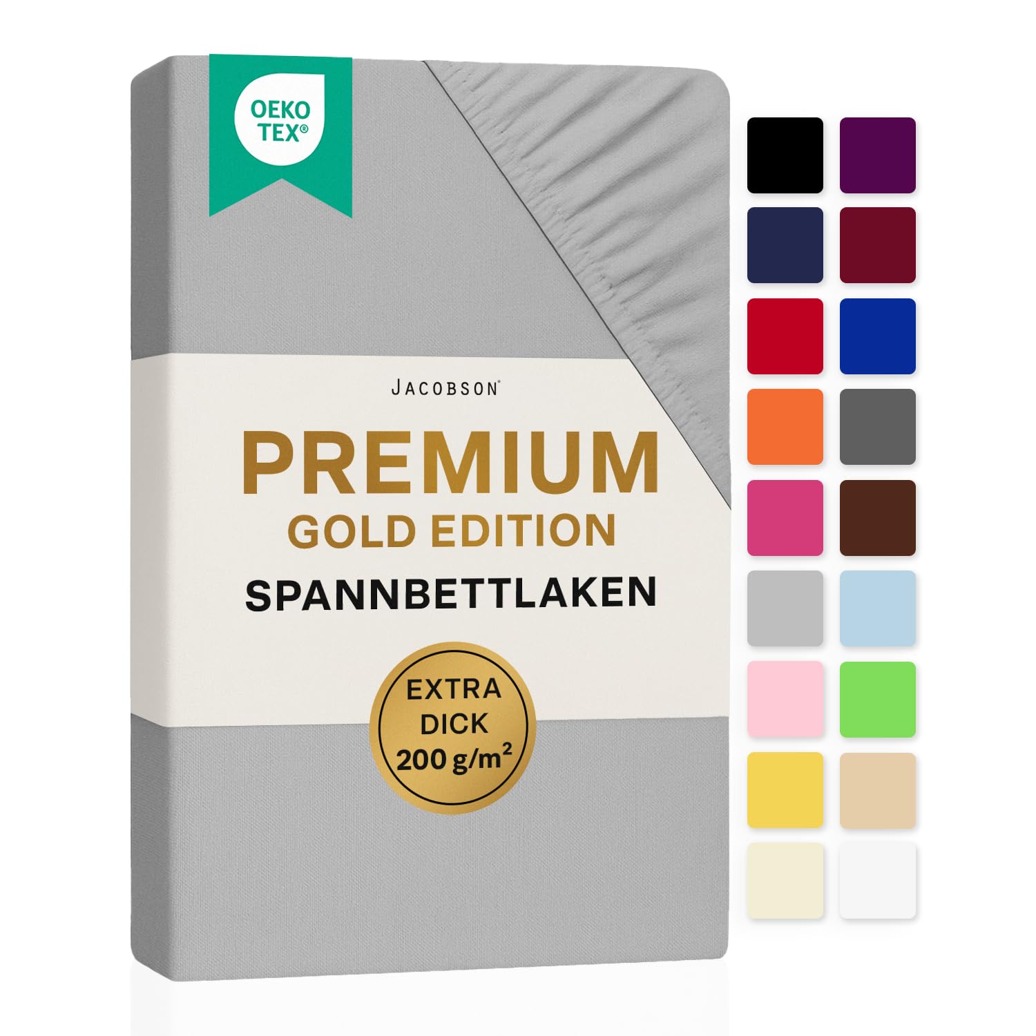 Jacobson Premium Spannbettlaken 200 g/m² Jersey Baumwolle mit Elasthan (120x200-130x200 cm, Grau)