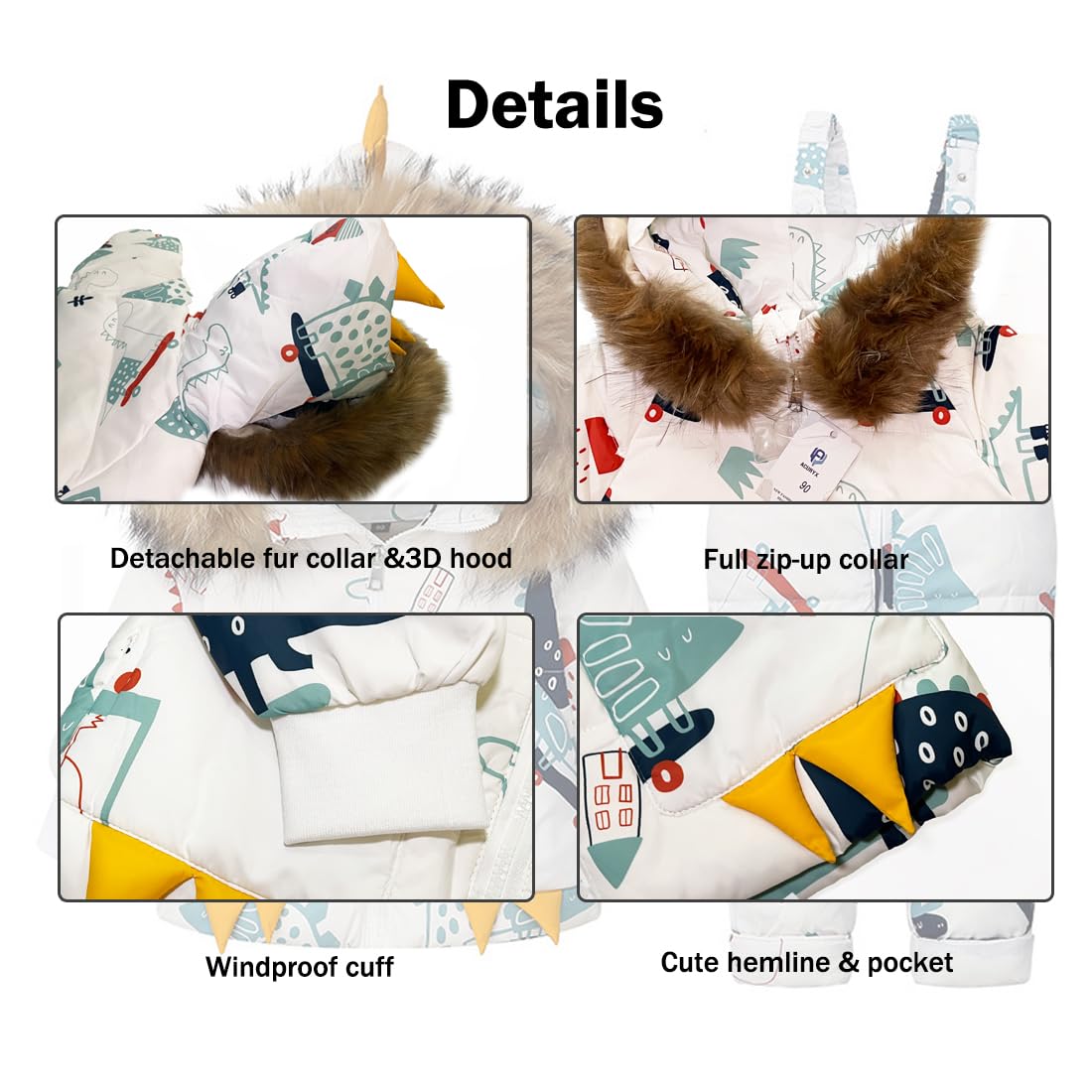 Combinaison de Neige Bébé 2pcs Ensemble Hiver Enfant avec Col en Fourrure Amovible Manteau Chaud et Pantalon Imperméable Coupe-Vent Tenue de Neige pour Fille Garçon Blanc