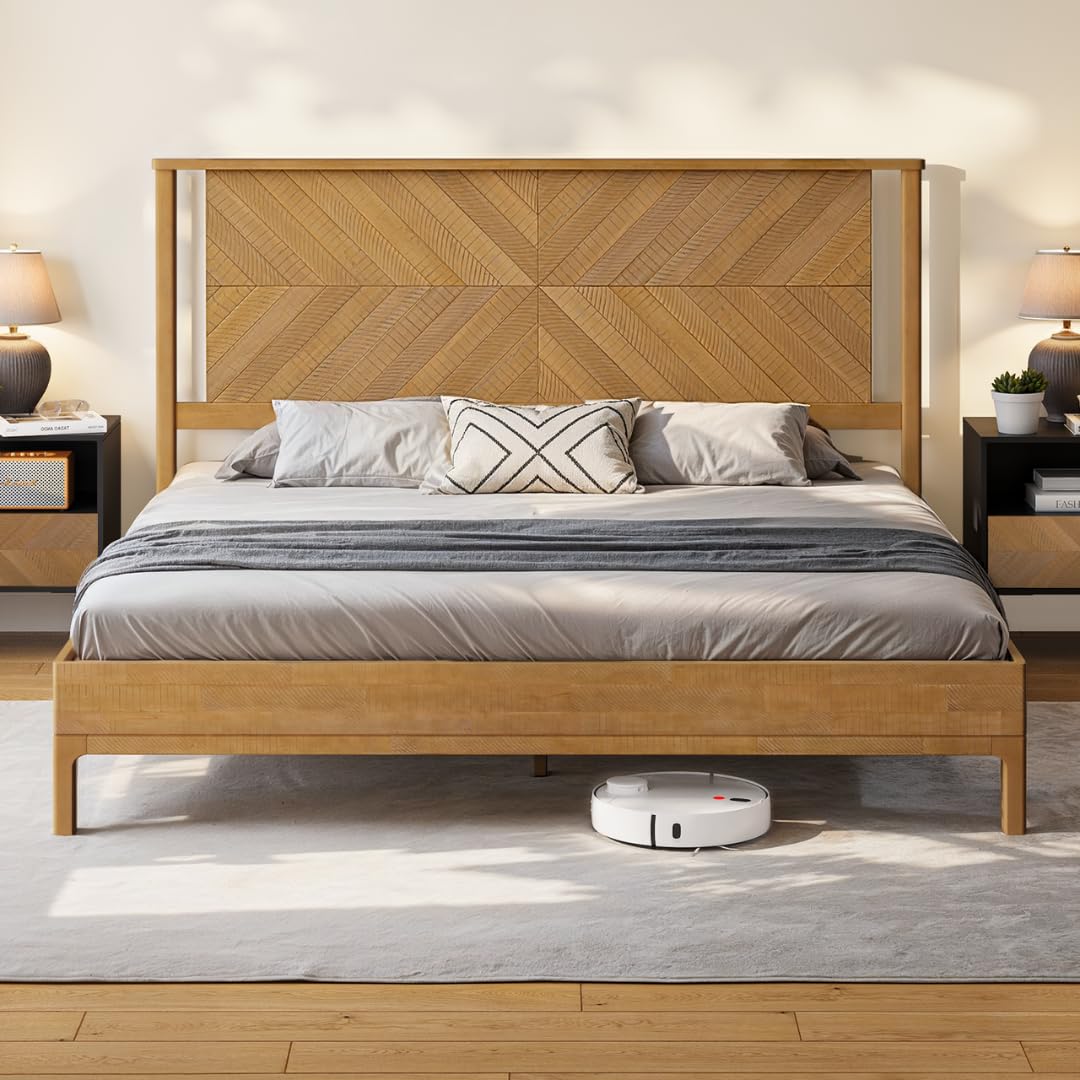 Bme Vivian 14 Inch Deluxe Bed Frame with Headboard, Rustic & Scandinavian Style with Solid Acacia Wood, No Box Spring Needed, 12 Strong Wood Slat Support, Easy Assembly, King, Rustic Seadrift