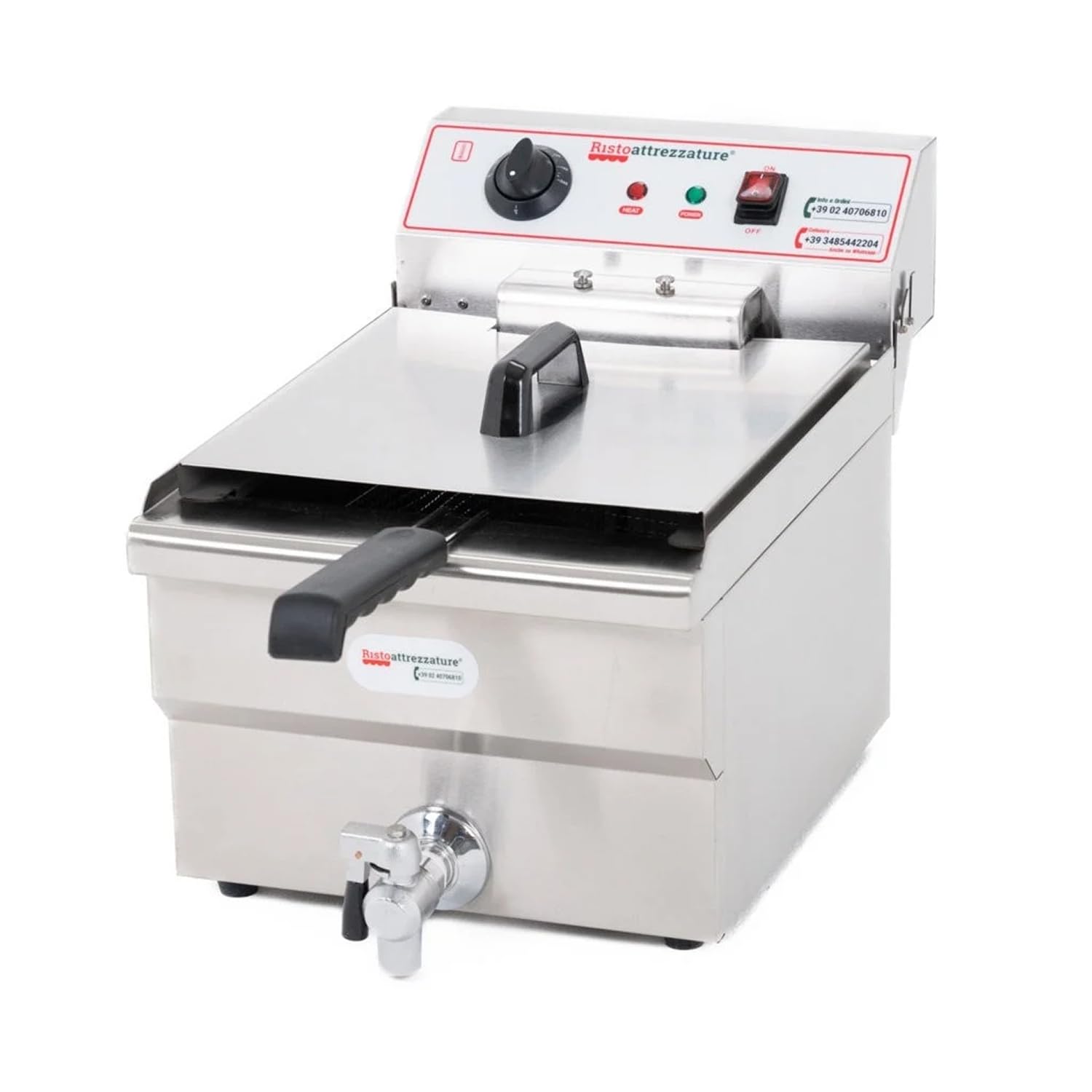 Friggitrice Elettrica Professionale - Singola Vasca - Con Rubinetto di Scarico - 16 Litri, Capacità Olio 12 Litri