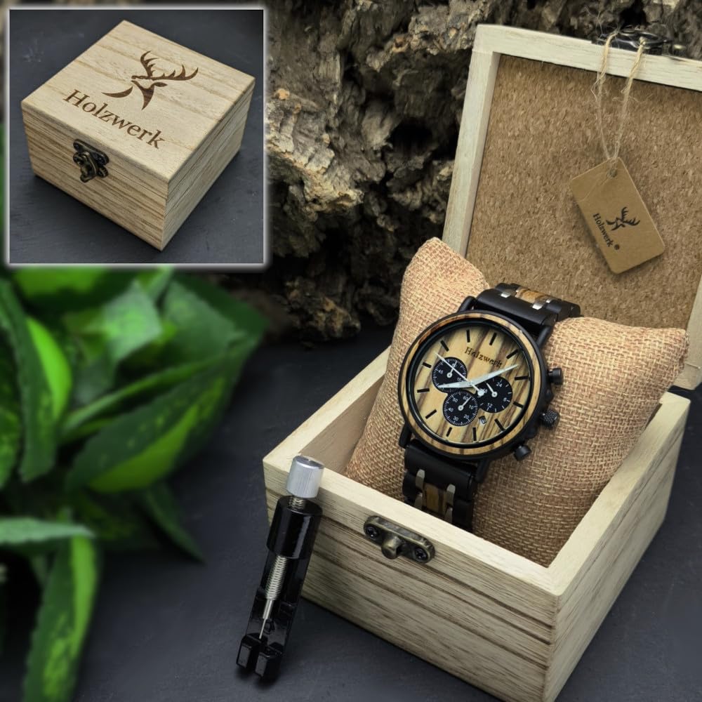 Holzwerk Germany Orologio da uomo di design, realizzato a mano, in legno naturale, cronografo, analogico, al quarzo, marrone e nero, con data, quadrante in legno