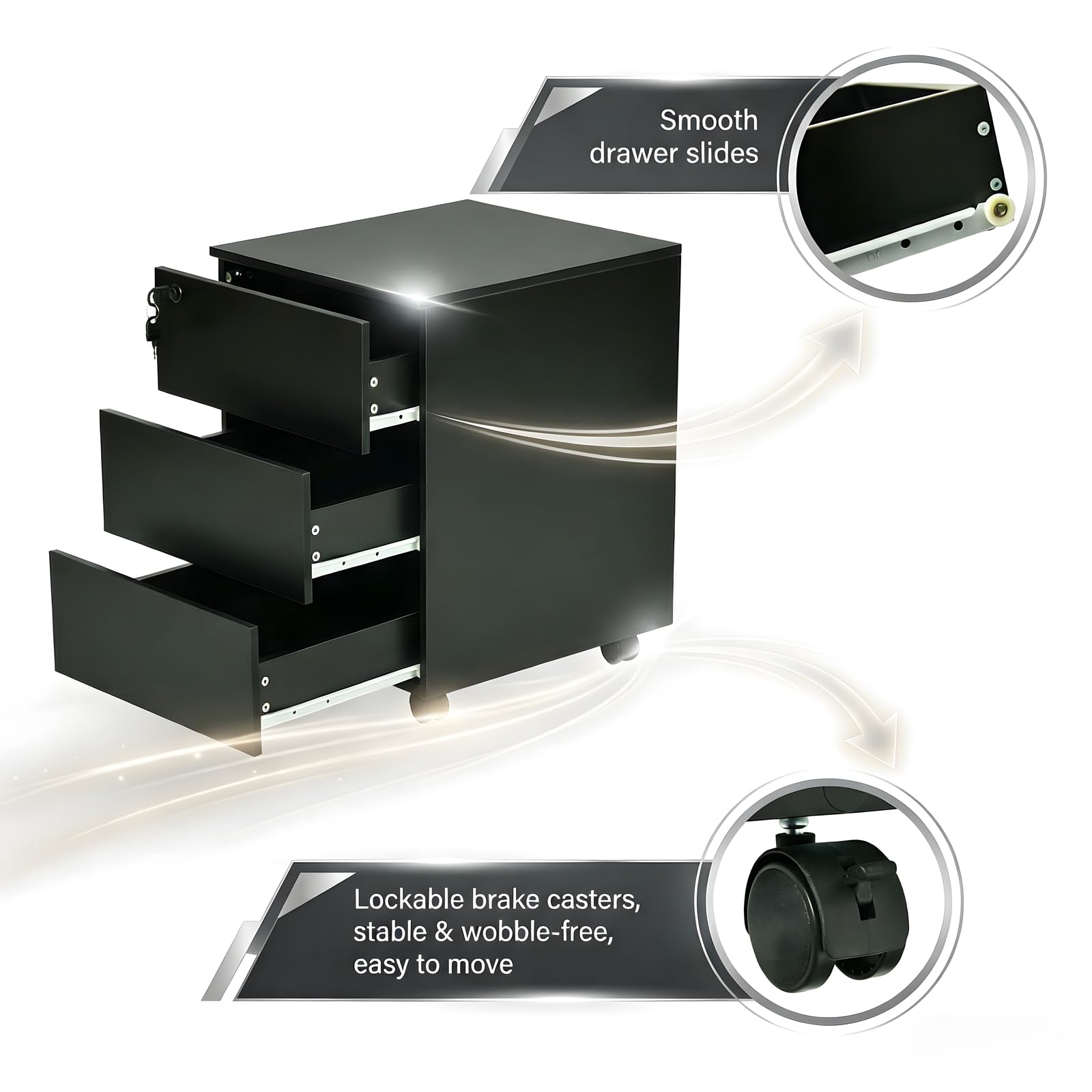 Archivador Vertical Negro con 3 Cajones y Cerradura, Gabinete de Archivo de Madera con Ruedas para Oficina y Hogar, 39x45x54 cm
