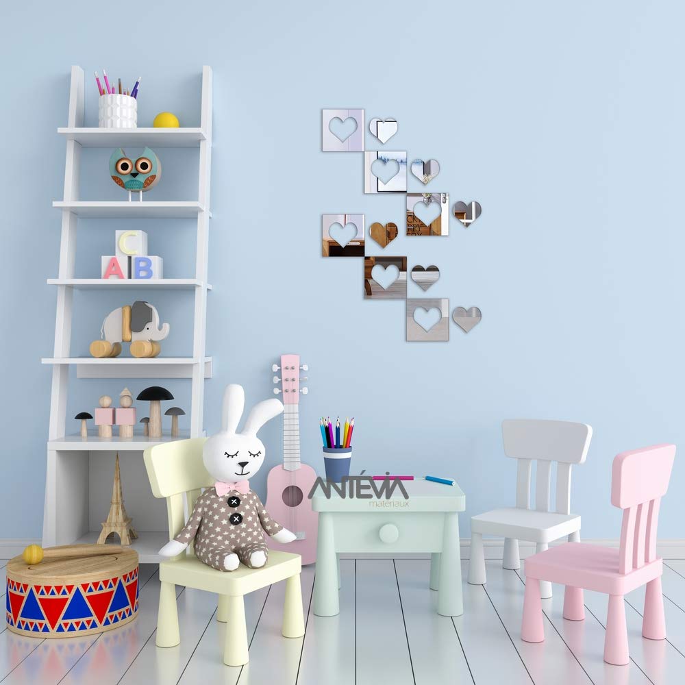 Miroir Adhésif Décoratif ANTEVIA - Modèle Cœur XL, 50x43 Cm - Autocollant Mural 3D, Facile à Poser - Décoration Maison