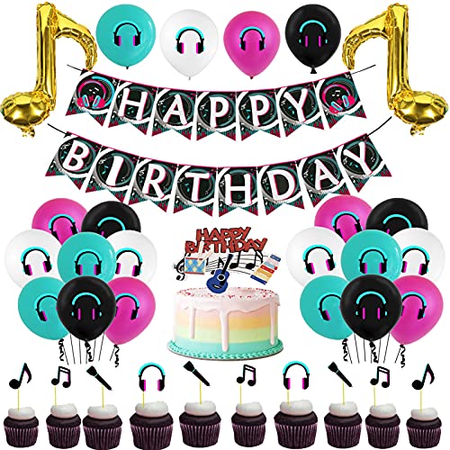 36Pieces Video Music Party Supplies,Music Party Banner,Golden Musical Note Foil Balloon and Musical Latex Balloon,Music Cake Topper,Music Themed Birthday Party Decorations for Kids Boy Girls