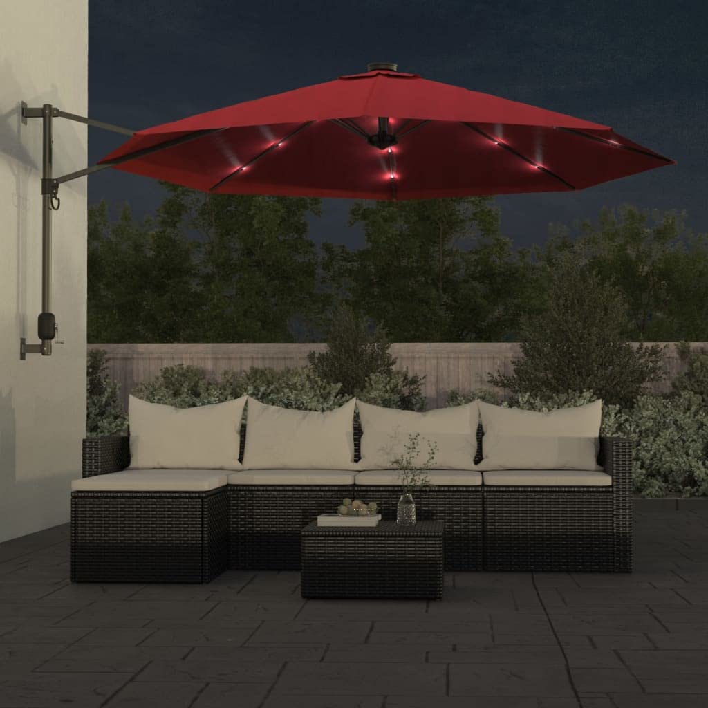 Homgoday Parasol, 290 cm jasny czerwony LED parasol ścienny, parasol przeciwsłoneczny, parasol ogrodowy, parasole przeciwsłoneczne, parasole zewnętrzne, parasol plażowy, wiatroszczelny parasol