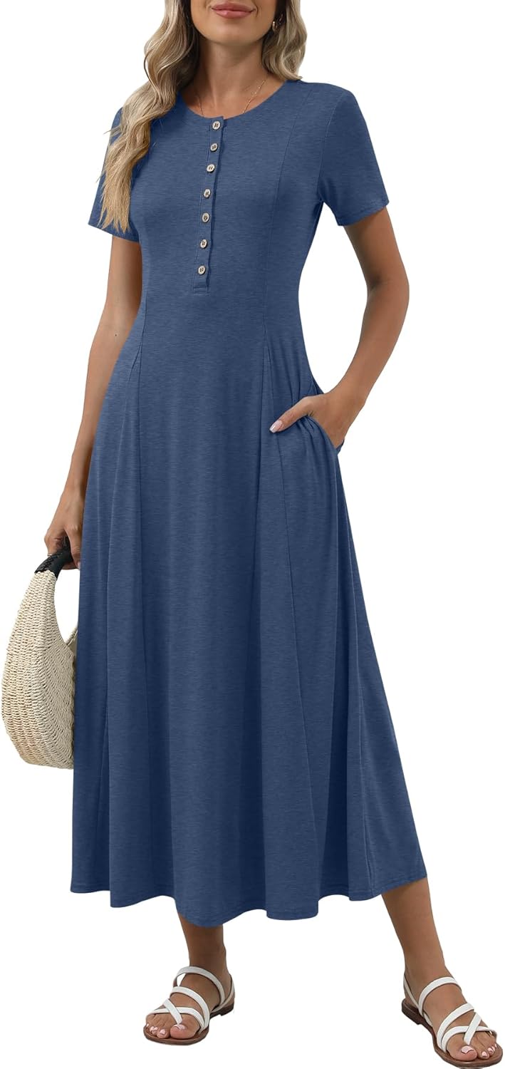 Women's Spring Casual Maxi Dress Short Sleeve Fit and Flare A Line Flowy T Shirt Long Vacation Dresses with Pockets