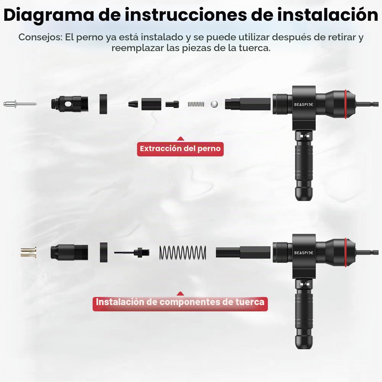 Adaptador 2 en 1 para Remachadora para Taladro y Atornillador, Juego de Adaptadores Remachadora de Tuercas para Remaches 2,4-6,4 mm y Tuercas Remachadas M3-M12, accesorio profesional de remache
