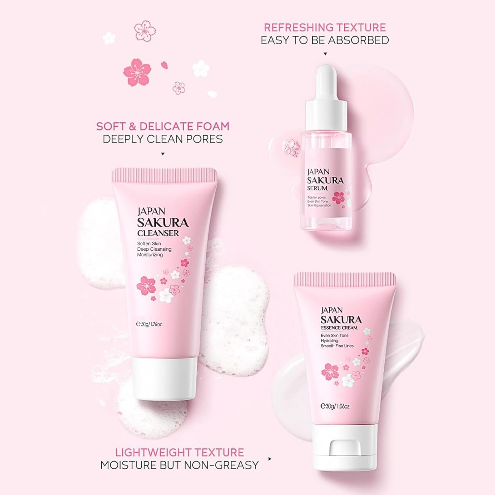 Skin Care Sets & Kits for Women Gifts Sakura Pamper Sets for Women Valentine's Day Gifts, Cleanser, Serum, Cream, Eye Serum - Image 2