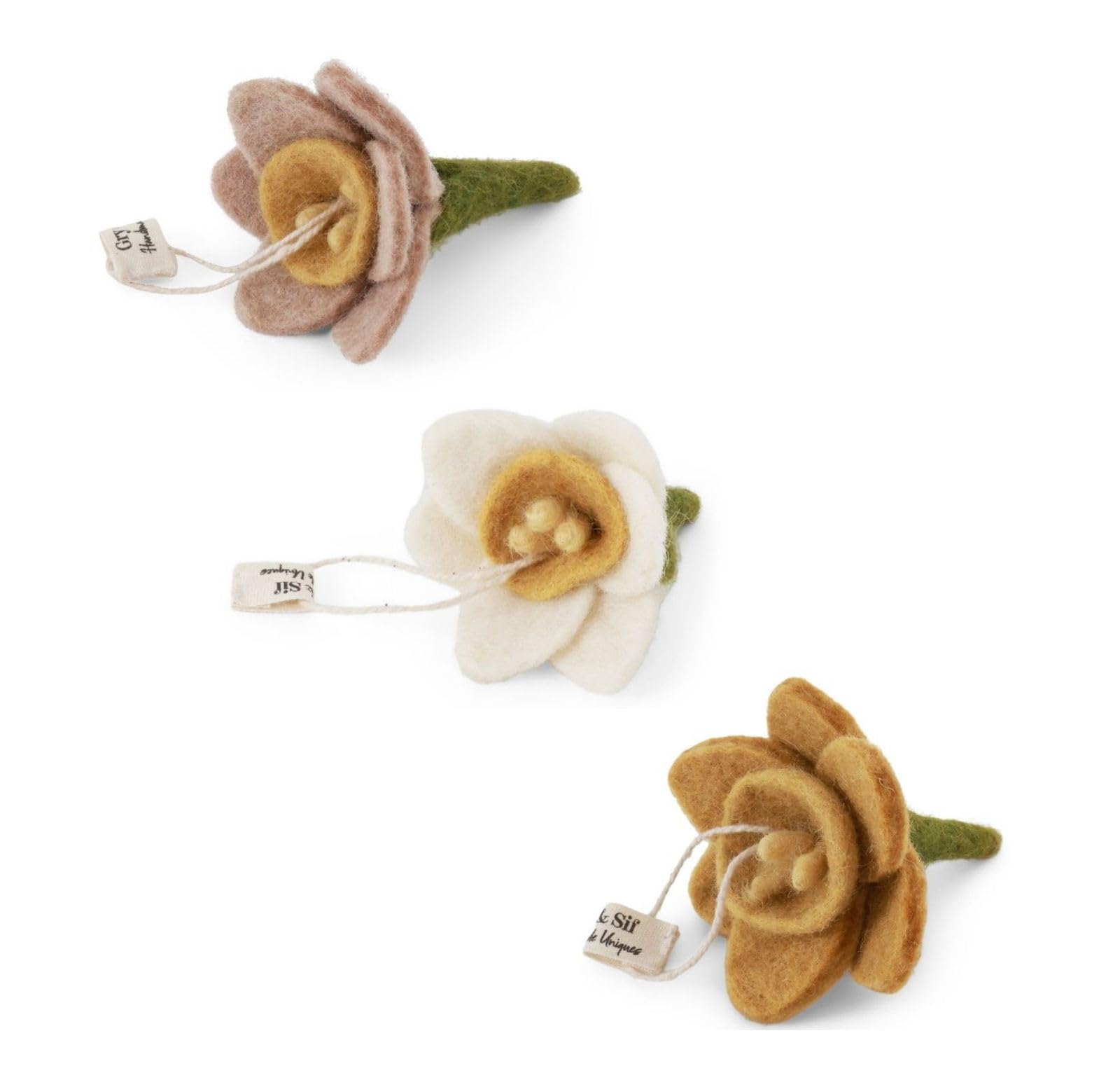 Handgemacht & Fairtrade-Zertifiziert | Gry & Sif | Stilvolles dänisches Design x Nepali Kunsthandwerker | Ornament Narzisse – Hellrosa, Weiß & Gelb – Set mit 3 Stück | Oster-deko