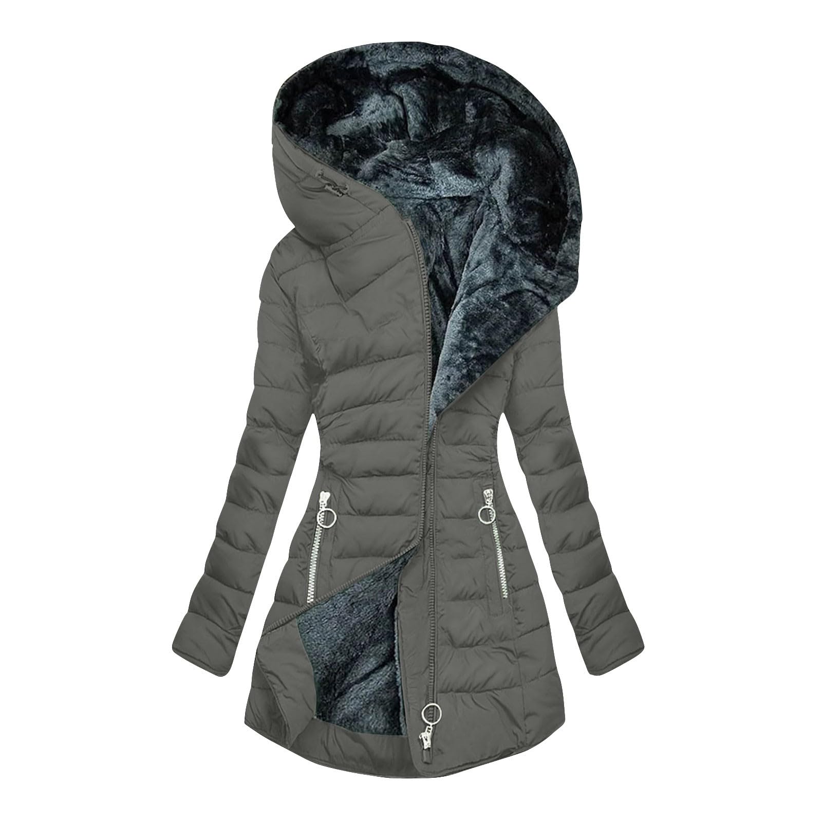Generisch Wintermantel Damen Lang Winterjacke Warm Gefüttert Winterparka Winter Jacke Mantel Parka Mode Pufferjacke Reißverschluss Klassisches Steppmantel Einfarbig Daunenmantel mit Kapuze Steppjacke