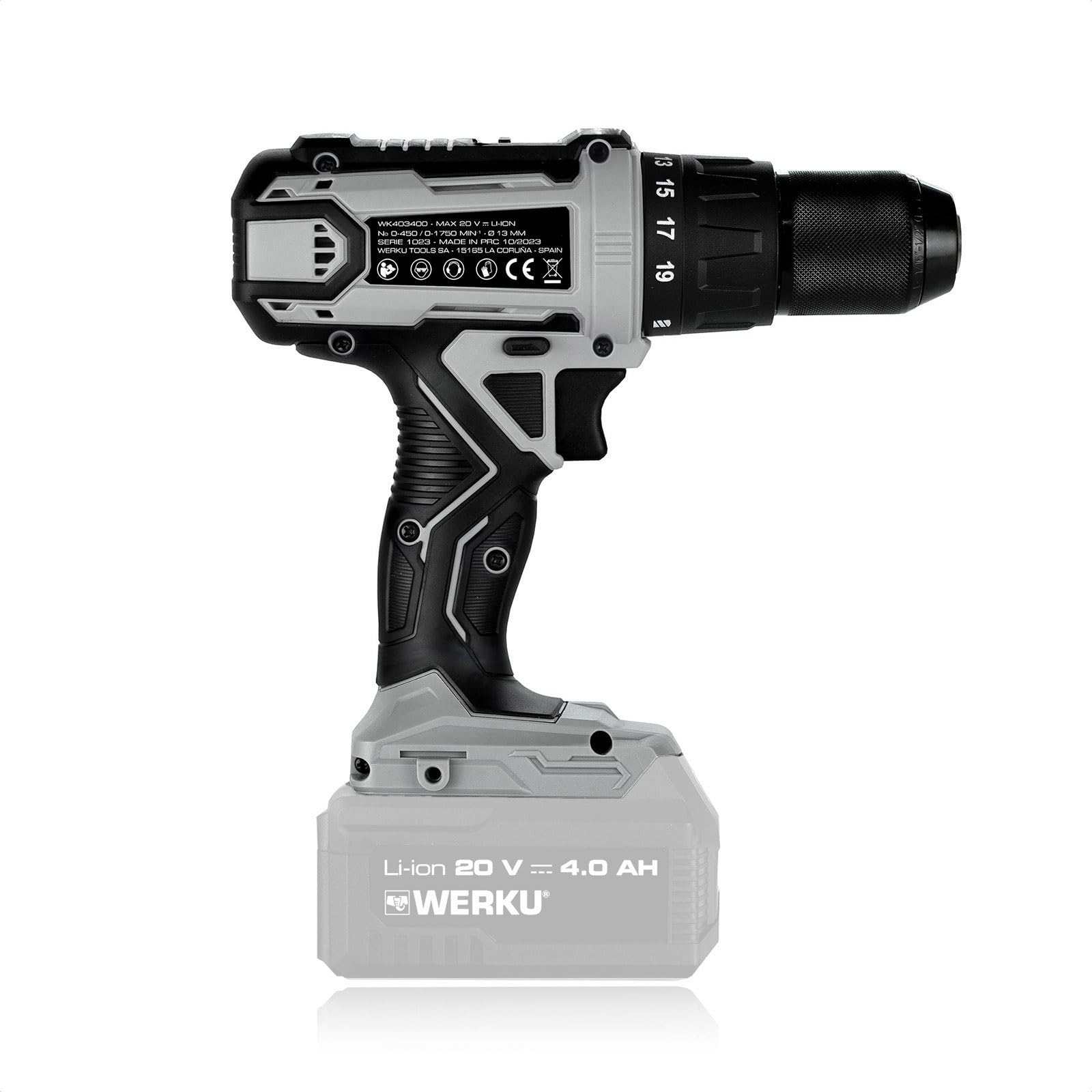 Werku WK403400, Taladro Atornillador-Percutor Inalámbrico, Calidad Profesional, Potencia 20 V, Función Atornillado y Taladrado Con Percusión, No Incluye Batería y Cargador