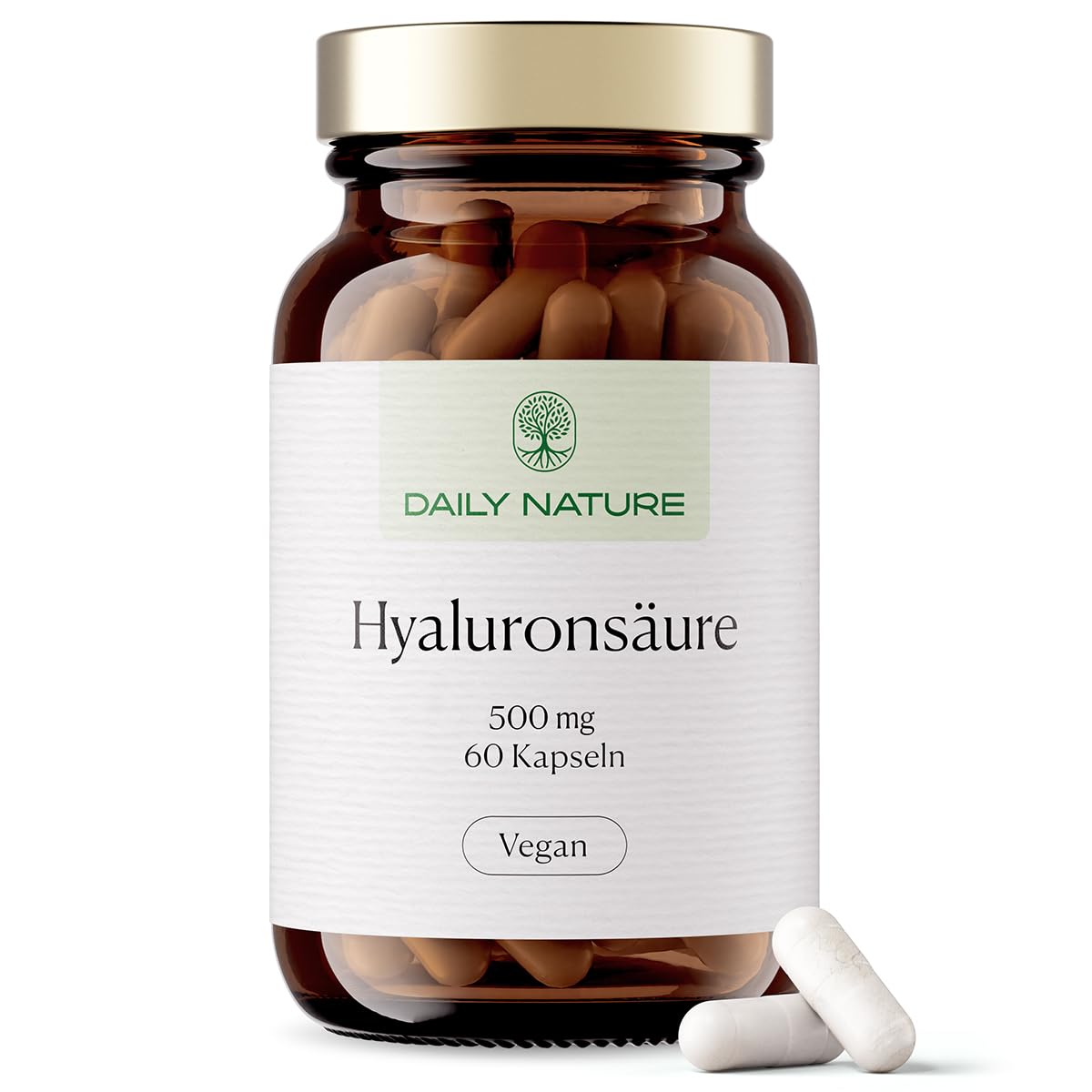 DAILY NATURE® Premium Hyaluronsäure I 60 Kapseln hochdosiert I 500 mg Natrium Hyaluronat pro Kapsel I 1.100 kDa I vegan & ohne unerwünschte Zusätze I gluten- & laktosefrei I hochwertige Inhaltsstoffe