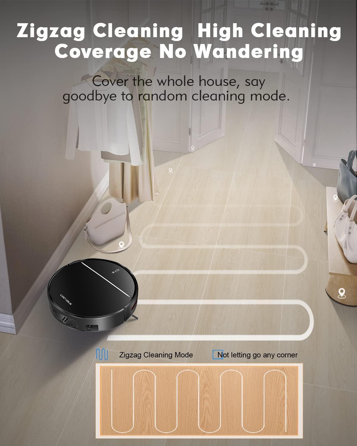 Robot vacuum cleaning in a zigzag pattern, covering the whole house