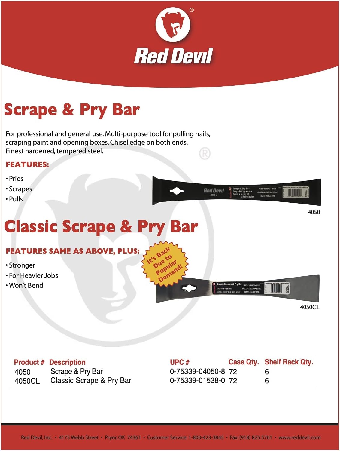 Red Devil 4050CL Classic Scrape & Pry Bar - Heavy-Duty Multi-Purpose Tool, Hardened Steel Construction, Dual Chisel Edges, Pack of 6