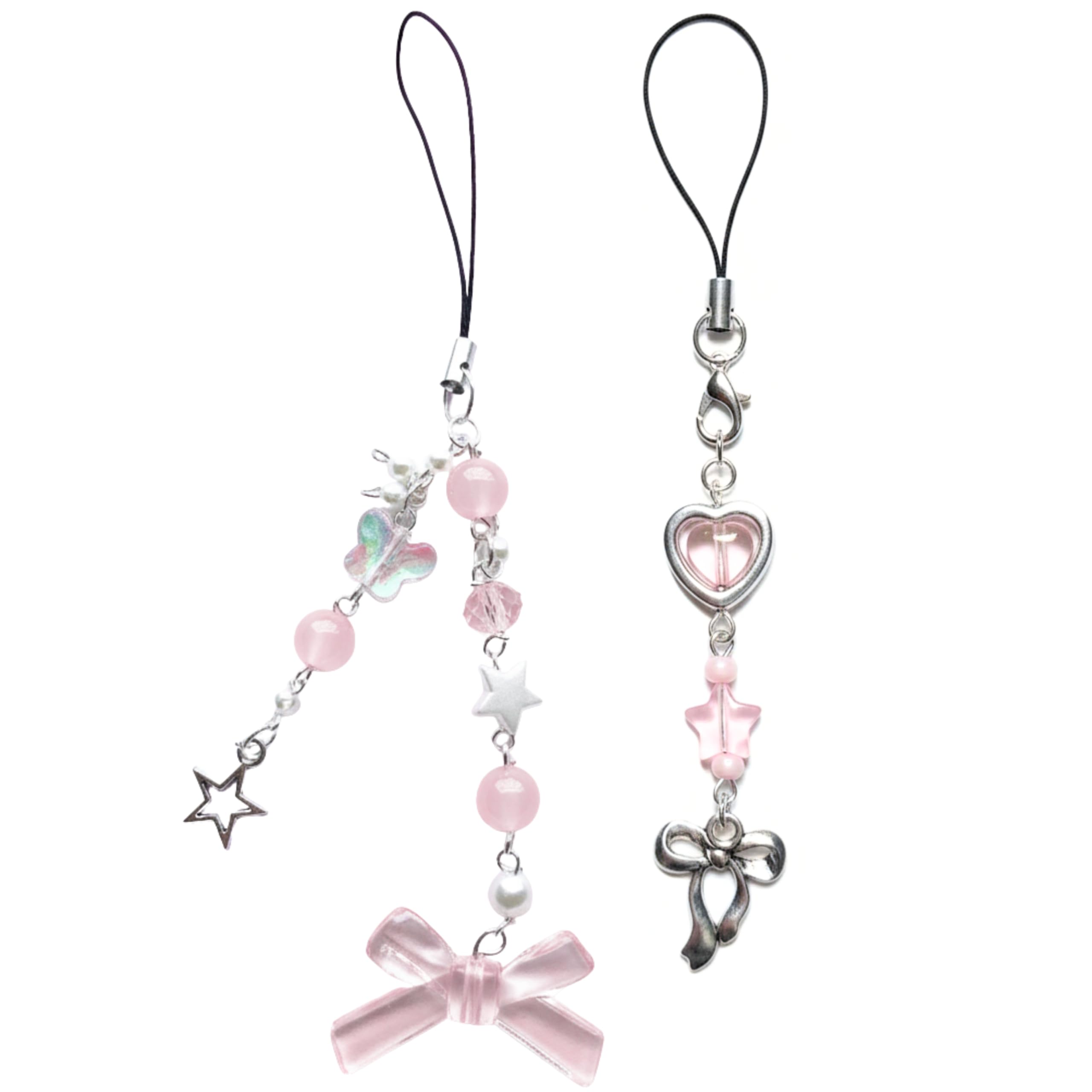 SNOWY SHOP 2pcs Kawaii Pink Heart Bow Star Phone Charm Set – Cute Beaded Mobile Strap & Bag Hanging Accessory for Girls & Women-image-9