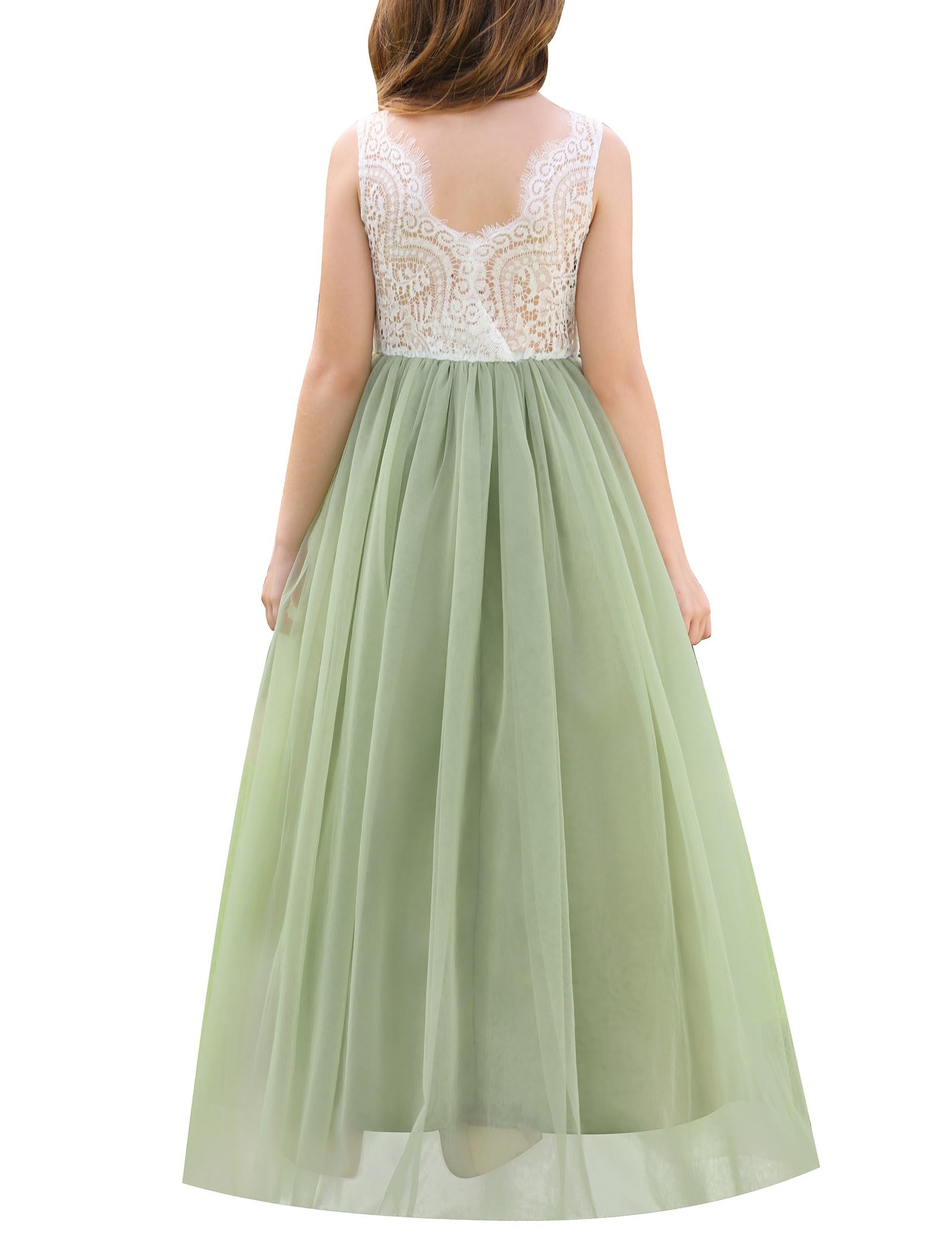 Odizli Blumenmädchenkleider Ärmellos Spitze Rückenfreies Prinzessin A-Linie Tüllkleid Festlich Hochzeit Lang Ballkleid