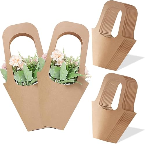 Miniatura 1 de Transfree 20 bolsas de regalo de flores de papel kraft con asa, bolsas de ramos de flores, bolsas de embalaje para bodas y fiestas (20 unidades,