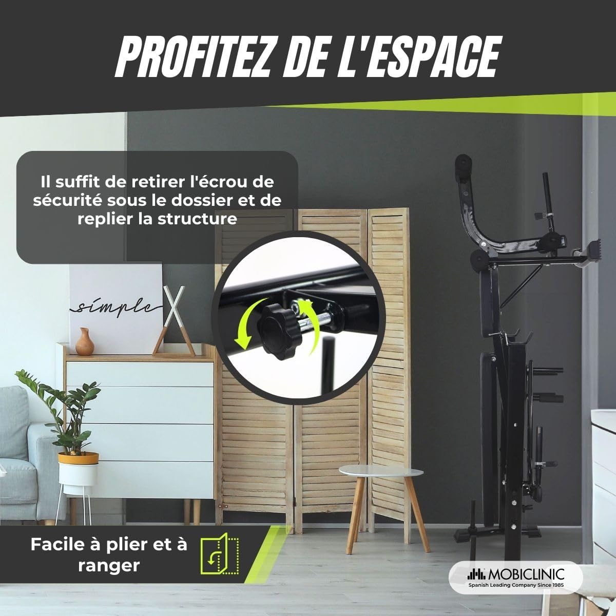 Mobiclinic® fitness, Banc de musculation, Multifonctionnel, Pressfit, Ajustable, Pliable, Acier, Supporte jusqu'à 250 kg, Support pour barres, Idéal les exercices force à la maison