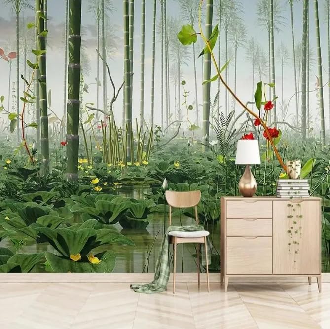 Papier peint panoramique lotus et bambou au design chinois 3D haut de gamme