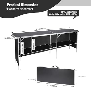 REDCAMP Folding Portable Bar Table, Black 82x33x15