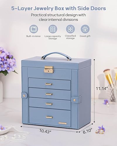 Miniatura 38 de Homde Regalos de Navidad de cuero sintético, enorme joyero, organizador de reloj con espejo, collar, anillo y aretes, estuche de regalo con Dorado