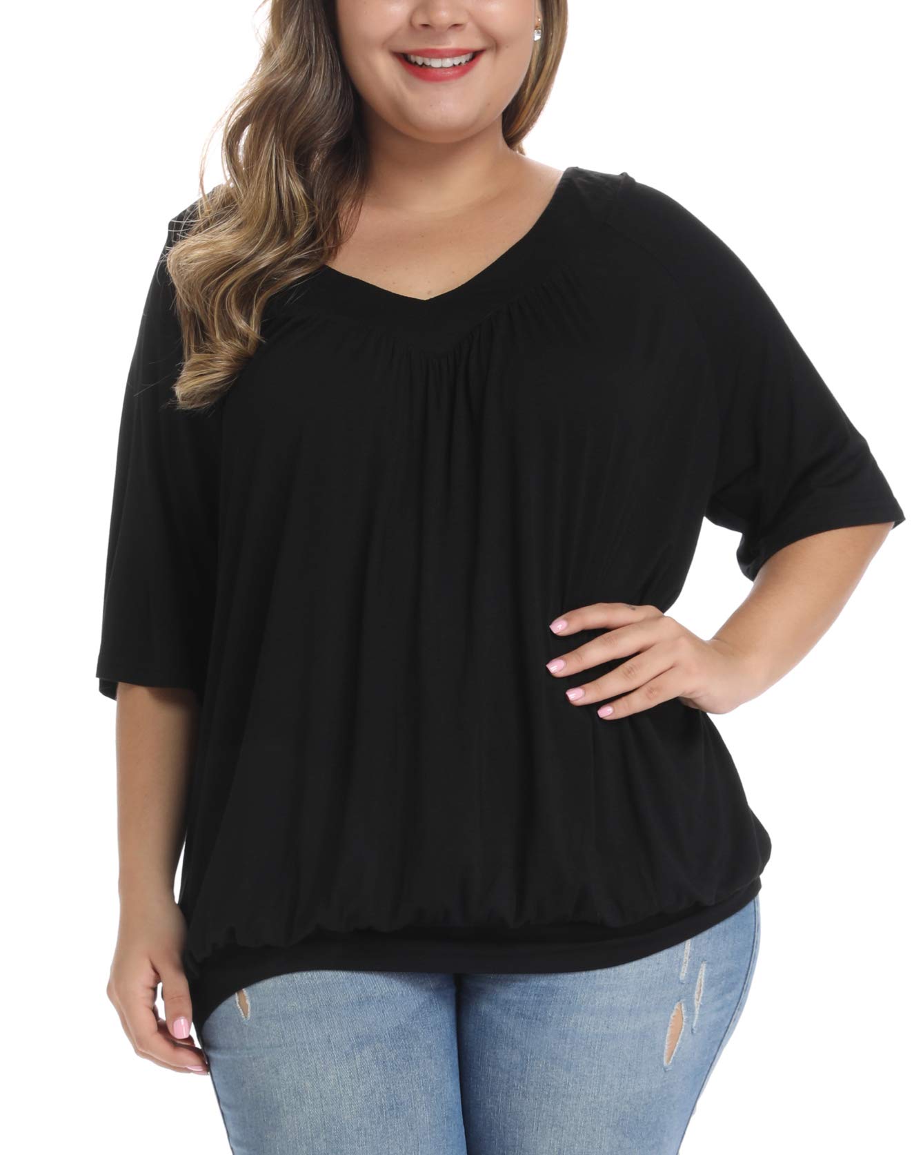 andy & natalie Women's Plus Size Tops Pleated V Neck Loose Baggy Blouse T Shirts