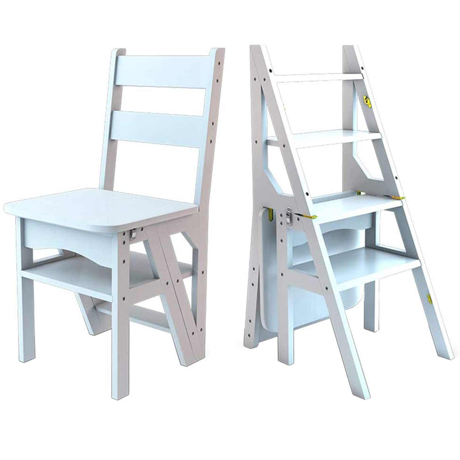 Taburete escalera plegable de madera maciza blanca con peldaños anchos para el hogar