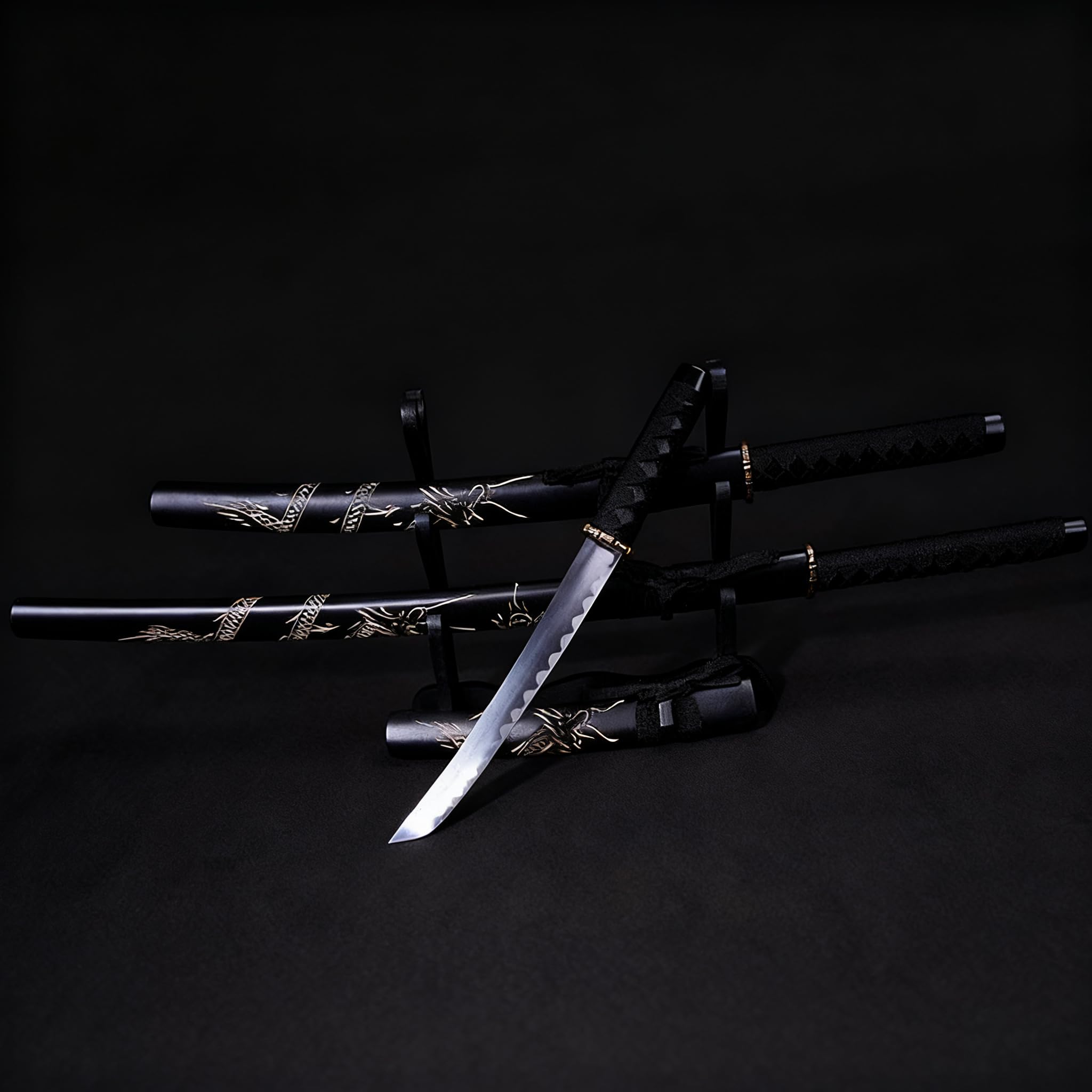 Set de katanas samurái Dragón Negro, juego de 3 espadas acero 1095 52/75/100 cm, entrenamiento y colección
