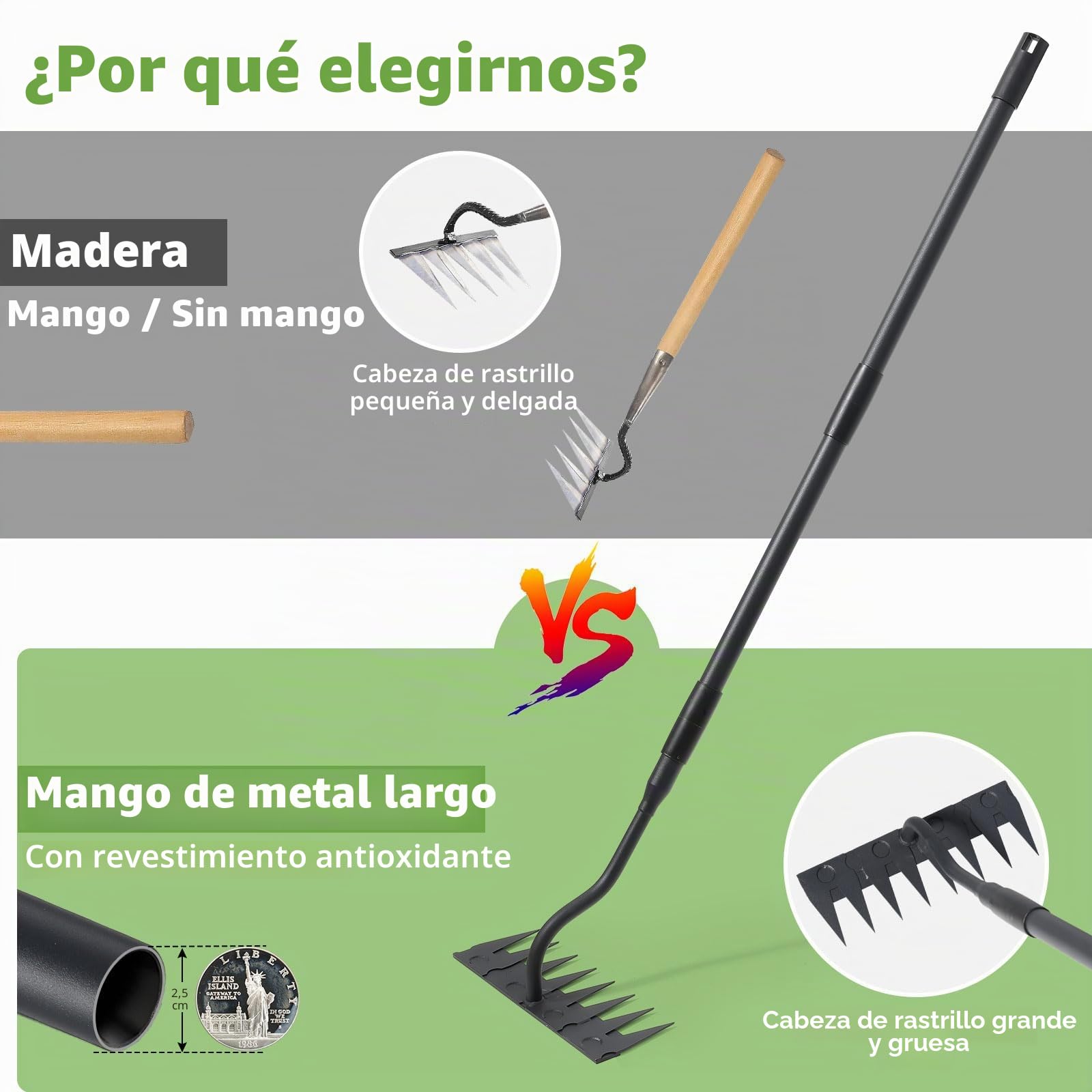 Rastrillo de jardín, mango largo de 140 cm, 8 dientes de jardín de carga pesada, rastrillo de metal de carbono de jardín, rastrillo manual para malezas, rastillo de jardín trasero, herramienta de
