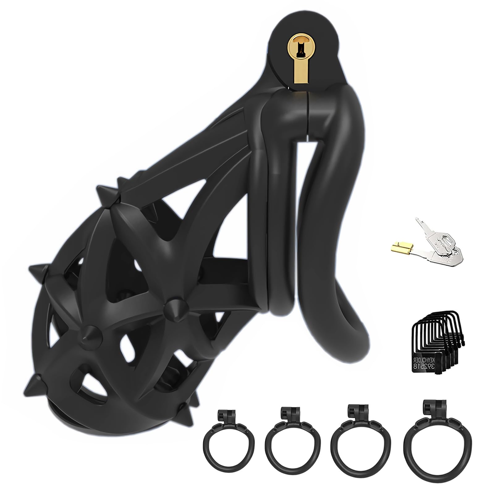 SeLgurFos Silicone Double Tête Rivets Cage à Pénis Set avec 4 Anneaux à Pénis 3D Print Ventilation Cage de Chasteté Hommes Petit Nylon Cock Cage SM Bondage Sextoys pour Hommes (Long-Arc Ring)