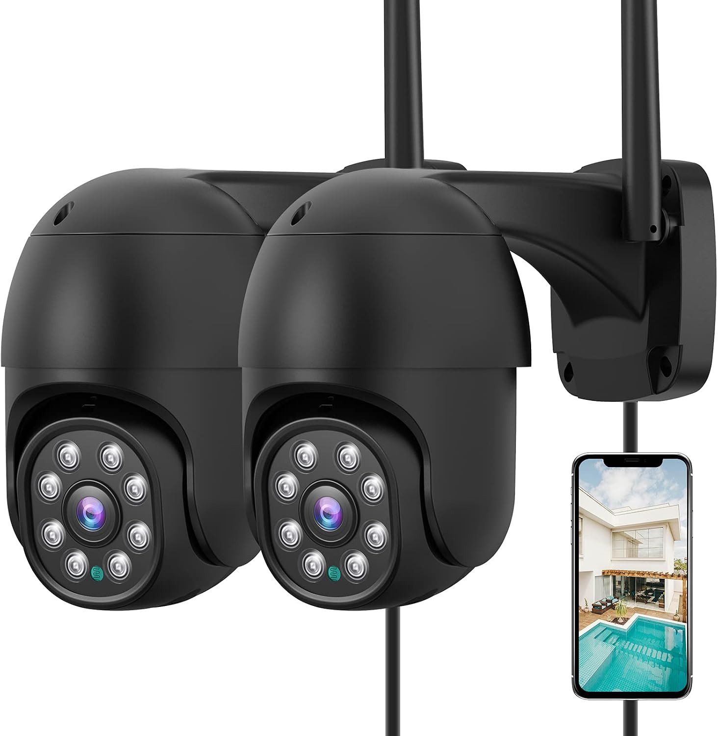 Morecam Security Cameras Outdoor, 360° View PTZ 2.4G WiFi Cameras for Home Security with Mobile App, Surveillance Camera Outside with Night Vision IP66 Compatible with Alexa Motion Detector(2 Pack)